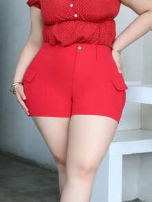 CHERRY TINTT SELECTION Plus Size Summer Casual Solid Color Cargo Shorts Red - Red - View 3