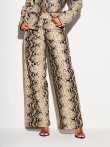 KIZN Snake Print Faux Leather Wide Leg Trousers High Rise Full Length PU Palazzo Pants Evening Party Style - Multicolor - View 3