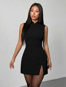 SHEIN PETITE 情人節/春節新款套裝：復古錢幣圖案立領修身喇叭袖優雅紅色洋裝，適合約會與派對 - 黑色 - 查看 6