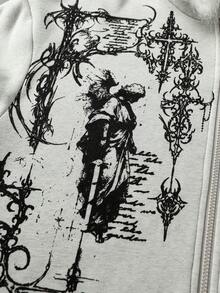 ROMWE MEN Goth 男士復古天使印花街頭風毛絨帽衛衣 - 灰色 - 查看 2