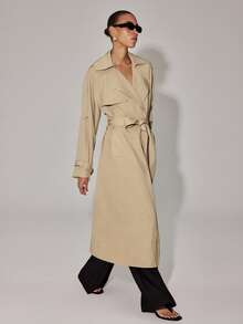 Anewsta Essential Women's Elegant Button Pocket Long Sleeve Trench Coat - Apricot - View 6