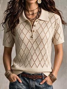 SHEIN New Spring Summer Vintage Preppy Diamond Pattern Knit Polo Women Lapel Collar Half Button Short Sleeve - Apricot - View 1