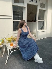 SHEIN MOD 大尺碼女款優雅夏季牛仔洋裝，百搭可愛，適合度假、奢華風、秋冬通勤，藍色洋裝，適用夏季、度假、派對、約會 - 藍色 - 查看 3