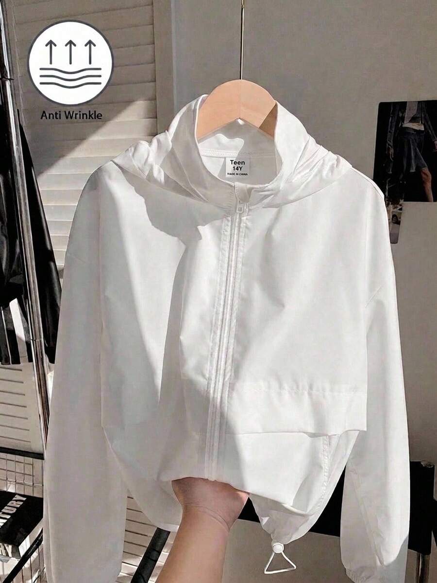 SHEIN 青少年女孩編織素色貼袋短版寬鬆休閒街頭風連帽冬季外套 開學季 白色 秋季 - 白色 - 查看 1