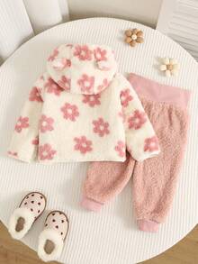 2件組女嬰花卉圖案毛絨連帽衛衣與鬆緊腰長褲套裝，毛絨套裝，可愛嬰兒套裝 - 彩色 - 查看 2