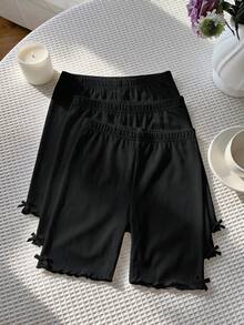 SHEIN LMoss 青少年女孩多件裝純色針織騎行緊身褲 - 黑色 - 查看 8
