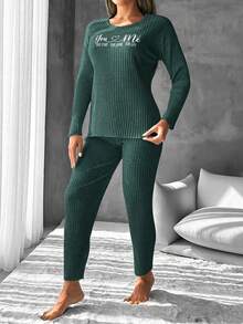 SHEIN Cottnline Women's Ribbed Stripes Pajama Set With Text Print - Army Green - View 4