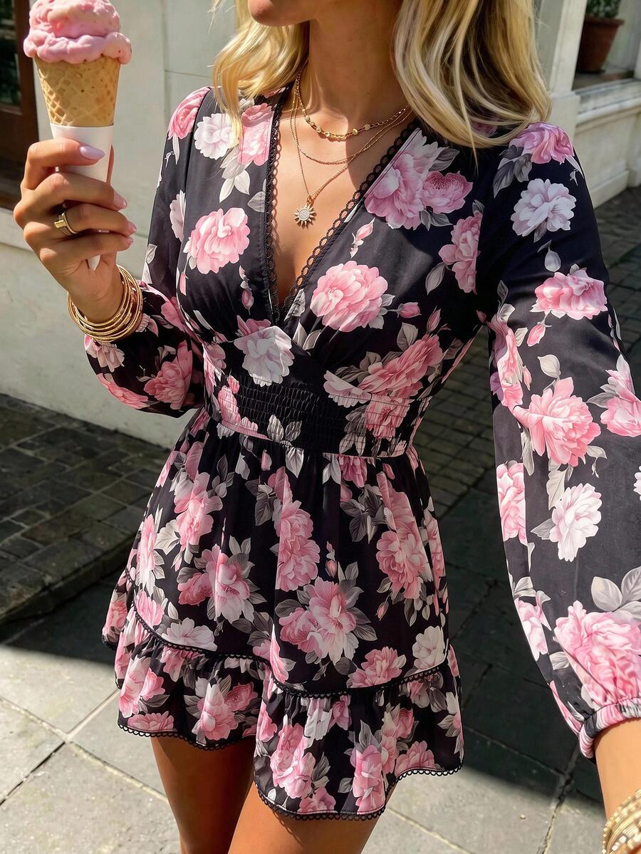 KARISMINA 女款時尚休閒優雅浪漫四季度假茶會V領迷你洋裝,優雅派對婚禮賓客禮服,黑色洋裝 - 黑色 - 查看 1