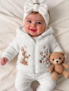 Chaqueta con capucha de patrón de dibujos animados esponjosa y versátil para bebé niña recién nacida otoño/invierno - Beis - Ver 1