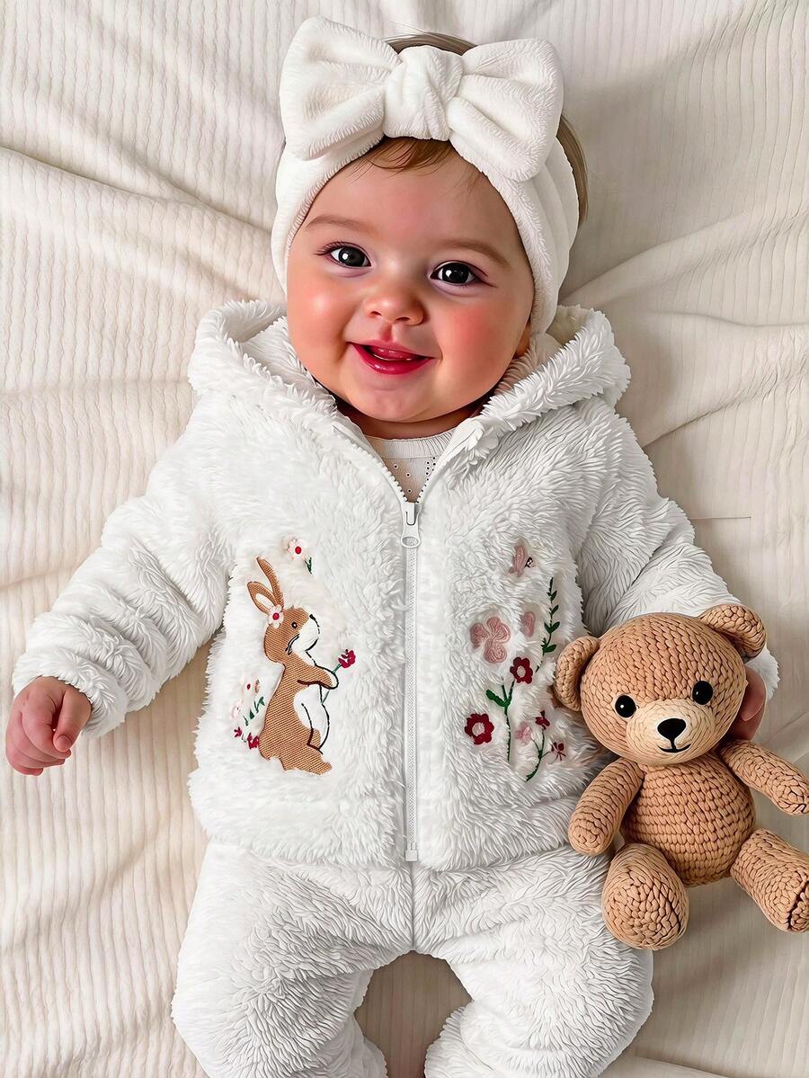 Chaqueta con capucha de patrón de dibujos animados esponjosa y versátil para bebé niña recién nacida otoño/invierno - Beis - Ver 1