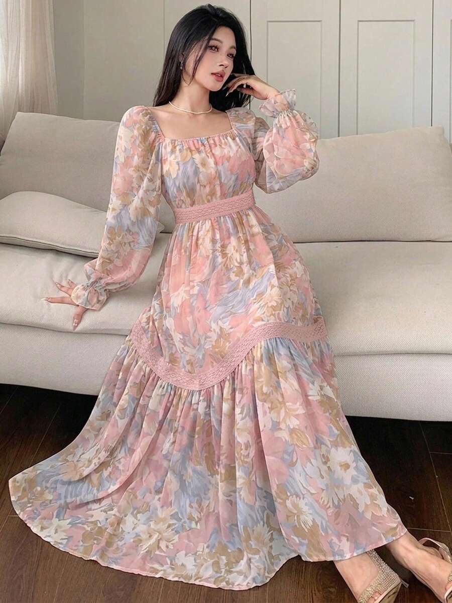DAZY Contrast Color Lace Full Floral Women's Mid-Length Dress - Pink - View 1
