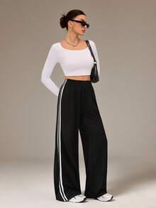 SHEIN Tall 極簡時尚灰色側條紋休閒長褲，日常休閒風格 - 深灰色 - 查看 6