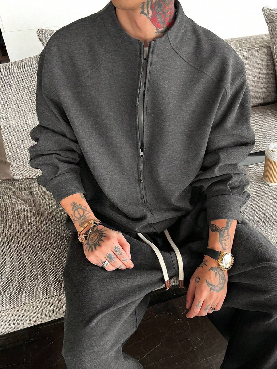 DAZY Spring/Autumn Dark Grey Crew Neck Half-Zip Pullover Sweatshirt With Decorative Rope And Drawstring Hem, Elastic Waist Long Pants Men's Set - Dark Grey - View 1