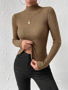 SHEIN 女款素色立領修身百搭日常穿著套頭毛衣 - 薑色 - 查看 6