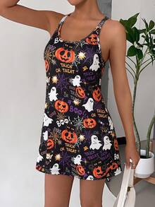 SHEIN EZwear EZwear 大尺碼骷髏與花卉印花美人魚細肩帶洋裝，Y2K 風格 - 彩色 - 查看 4