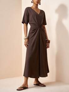 SHEIN PETITE CURVE Plus Size Women's Solid Color V-Neck Short Sleeve Waist Knot Design Casual Dress - Brown - View 8
