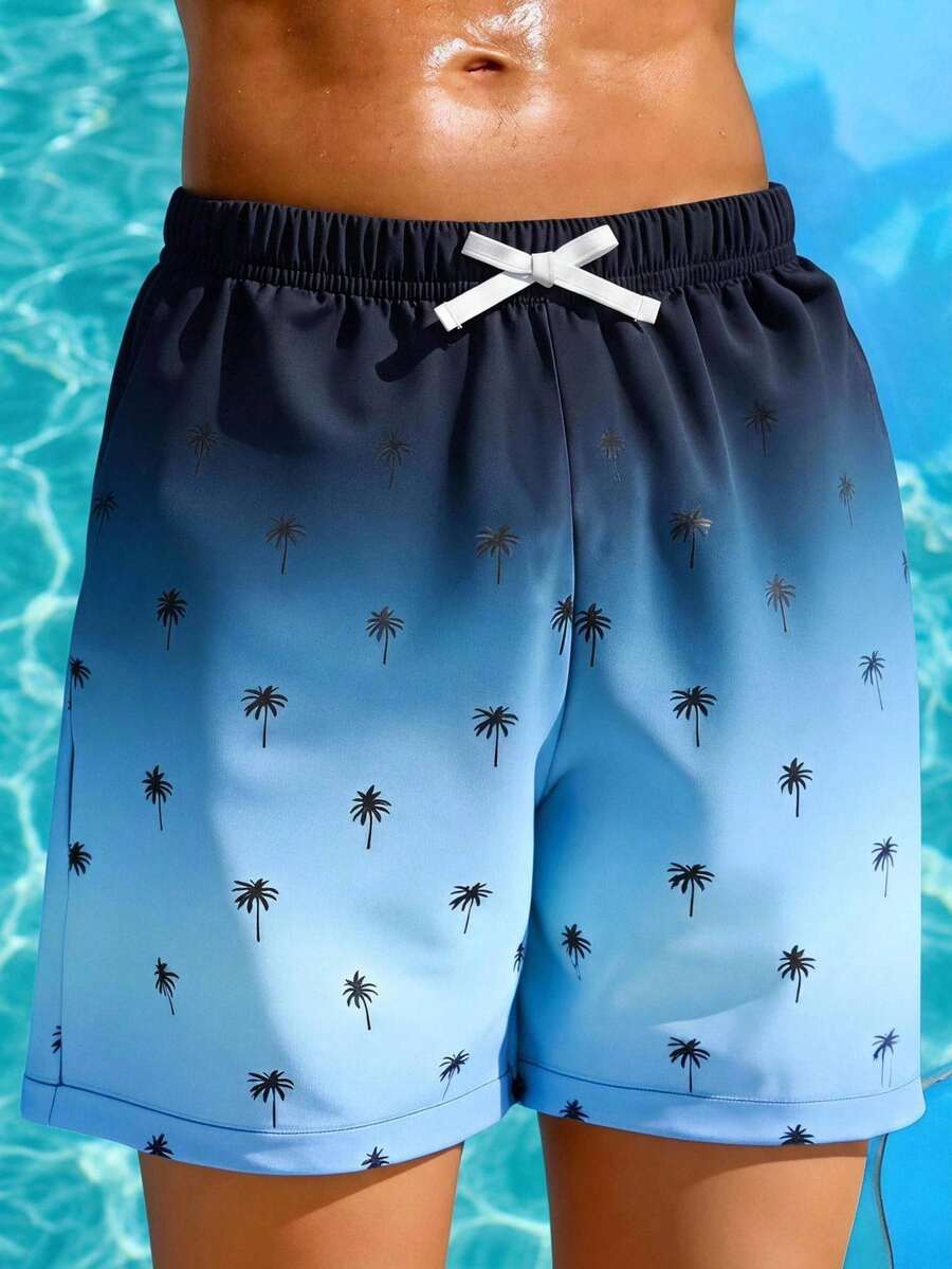 SHEIN 1pc Tween Boy Navy Blue Casual Summer Beach Shorts,Gradient Coconut Tree Pattern Holiday Vacation Style Sports Swimming Trunks For Spring And Summer - Multicolor - View 1