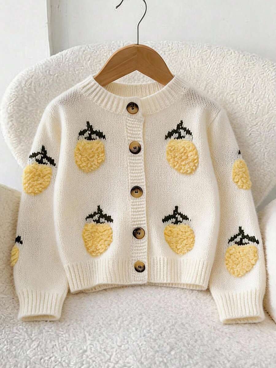 SHEIN 女童白色圓領針織開襟衫,重工刺繡檸檬圖案,可搭配洋裝,舒適柔軟 - 白色 - 查看 1
