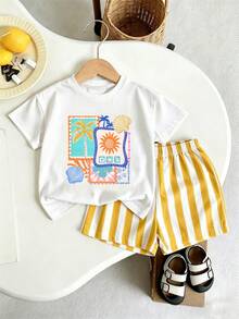 SHEIN Playful Pals 小男孩度假風酷趣椰子樹海灘貝殼英文標語印花圖案設計，直條紋滿版印花設計，時尚圓領短袖T恤與短褲套裝，運動套裝，適合假期聚會與派對，春季/夏季輕鬆舒適，夏季必穿之選，時尚休閒穿搭，春季/夏季街頭風，外出休閒穿搭，返校派對，適合戶外野餐、街拍、校園、假期、禮物使用 春季/夏季 - 彩色 - 查看 5