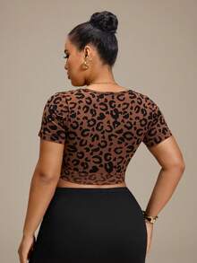 SHEIN Rhythm Era Women's Plus Size Leopard Print Zip-Front Everyday Fitness Sports Bra - Brown - View 3