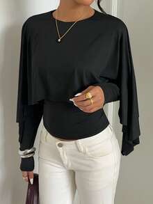 Aloruh Long Sleeve Cape Top Elegant Romantic Minimalist Office Commute Long-Sleeve Top Cape Top - Apricot - View 4