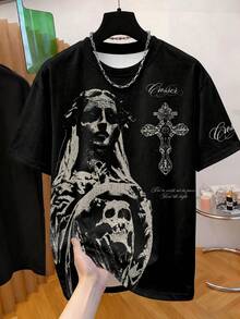 GymRaken Vintage Dark Religious Skull Virgin Mary Print Men Short Sleeve Tee, Washed Black Distressed Texture Gothic Cross Letter Graphic, Loose Crew Neck Stre - Multicolor - View 3