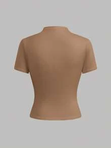 SHEIN Teen Girls 2pcs/Set Solid Color Ruched Small Stand Collar Short Sleeve T-Shirts - Khaki - View 5