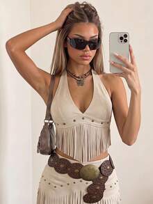 SHEIN ICON Y2k 音乐会女装复古风格牛仔波西米亚乡村音乐会度假嬉皮度假西部装女装节日流苏下摆露背麂皮吊带上衣 - 杏色 - 查看 3