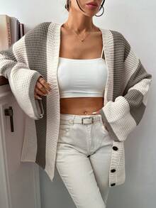 SHEIN Women's Color Block Batwing Sleeve Cardigan Without Belt - Mocha Brown - View 3