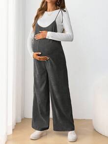 SHEIN 孕婦休閒細肩帶蝴蝶結修身長版連身褲 秋季 - 深灰色 - 查看 4