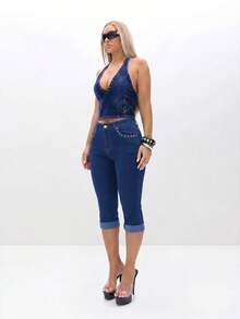 BABYPHAT Stretch Denim Capri Jeans With Roll-Up Cuffed Hems, Embroidered Cat Logo, Mid-Rise Fit, Five-Pocket Style - Dark Wash - View 4