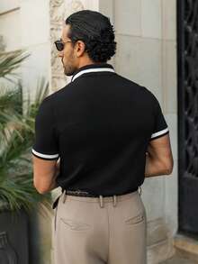 YOUESAWY YOUESAWY Men Contrast Trim Polo Formal Shirt Cotton, Ceremony - Black - View 2