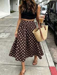 SHEIN PariChic Women's Summer Brown Polka Dot Ruched Elegant Casual Commuter Skirt - Brown - View 2