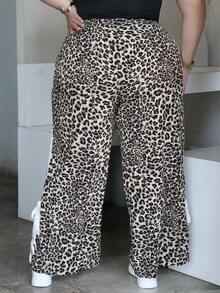 CHERRY TINTT SELECTION Plus Size Leopard Print Patchwork Casual Pants, Comfortable For Everyday Wear, Autumn/Winter - Multicolor - View 2