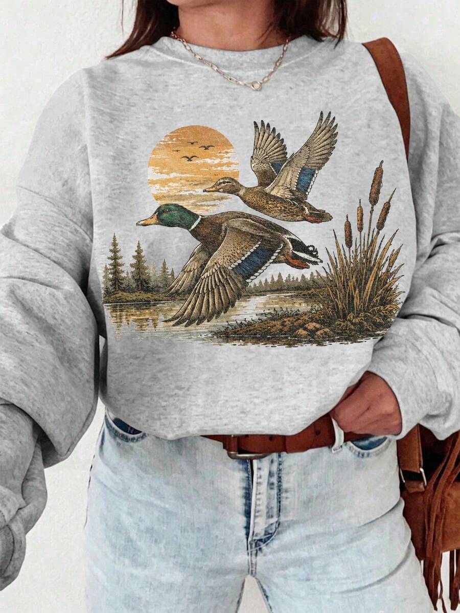 SHEIN LUNE Women's Crew-Neck Sweatshirt An Elegant Gift Choice; A Versatile Top For Work, Vacation, And Everyday Wear. - Grey - View 1