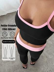 SHEIN PETITE 女款拼色夏季新款綁帶細肩帶背心與長褲套裝，適合春夏，適合夏季 - 黑色 - 查看 1