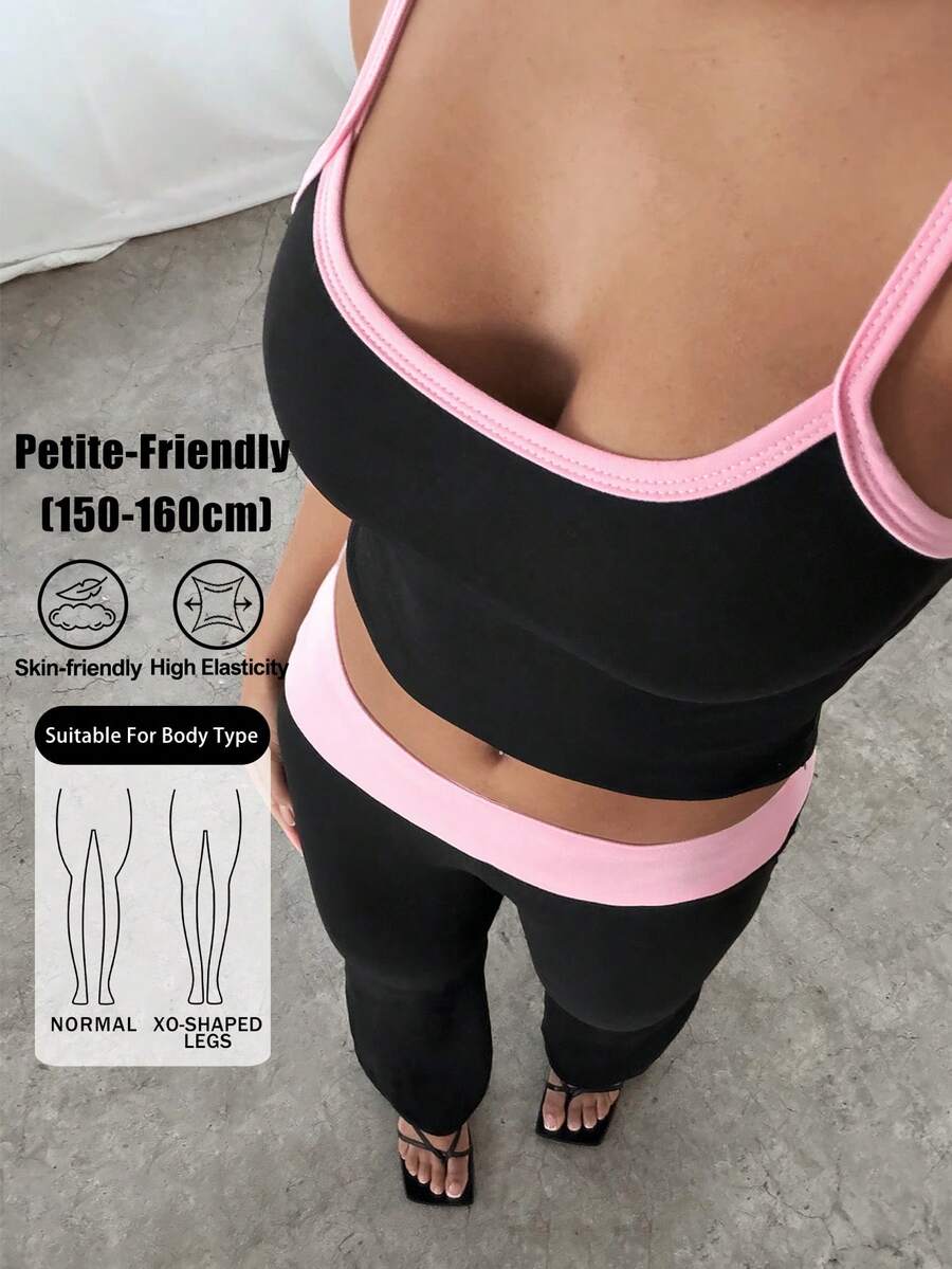 SHEIN PETITE 女款拼色夏季新款綁帶細肩帶背心與長褲套裝,適合春夏,適合夏季 - 黑色 - 查看 1