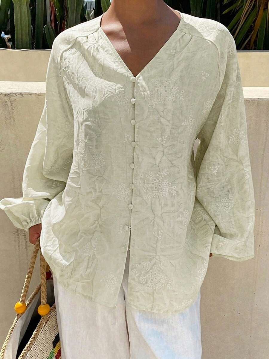 Livesso 女款白色印花V領花瓣袖度假襯衫,夏季假期薄款上衣 - 白色 - 查看 1