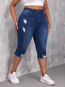 Slaydiva Plus Size Women's Ripped Versatile Stretch Skinny Capri Jeans Formal Beach Blue Summer Casual Traditional - Navy Blue - View 6