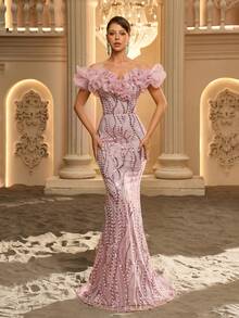 Glamrae Elegant Luxurious Glamorous Pink Exaggerated Organza 3D Ruffle Off-Shoulder Floor-Length Fitted Mermaid Wedding Event Heavy Embellished Evening Gown - Dusty Pink - View 3