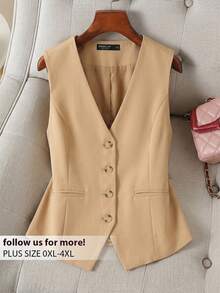 CosyJoli Chaleco de traje de talla grande, casual y formal, de unicolor para otoño/invierno - Camel - Ver 1