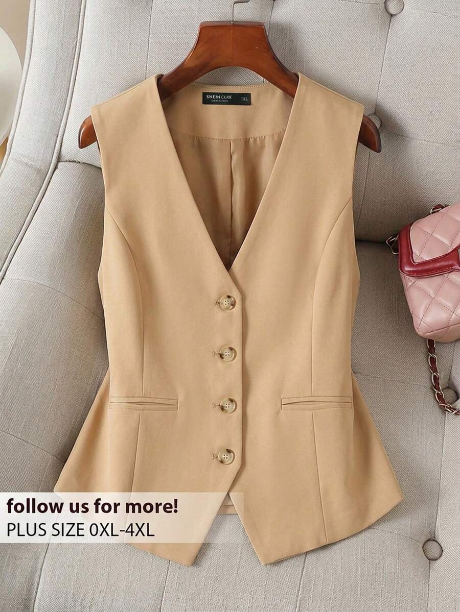 CosyJoli Chaleco de traje de talla grande, casual y formal, de unicolor para otoño/invierno - Camel - Ver 1