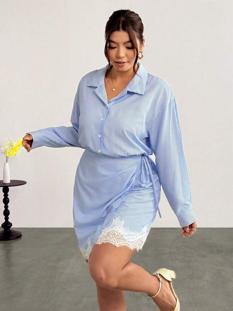 blue and white contrast dress Firerie Plus Size Women's Lace Hem Woven Mini Spring Summer Autumn Winter Long Sleeve Wrap Casual Cocktail Party Office Fall Fit:Tailored Fit FIT Recommend ordering true winding ivy blue first birthday dresses Baby