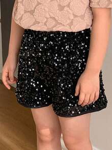 Dazy Kids Celana Pendek Fashion Anak Perempuan Warna Hitam Beludru Berpayet, Musim Gugur - Hitam - View 5