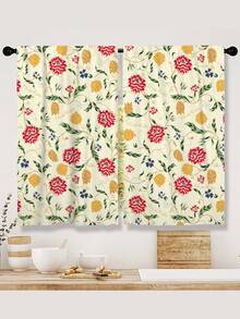 Frida Kahlo X SHEIN 2 Pieces, Plant And Flower Pattern Printing 2 Panel Small Curtains, Suitable For Living Room, Bathroom, Kitchen, Coffee Room, RV Rod Pocket Curtain Decoration, Universal Small Curtain In All Seasons - multicolor - View 2
