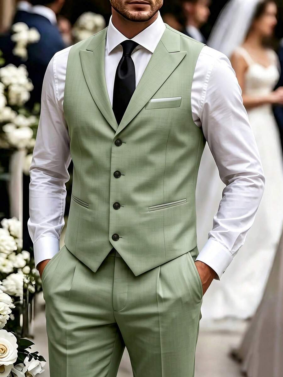 Manfinity Mode Men's Solid Color Single-Breasted Vest And Trousers Casual Commute Suit Set - Mint Green - View 1