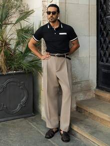 YOUESAWY YOUESAWY Men Contrast Trim Polo Formal Shirt Cotton, Ceremony - Black - View 3