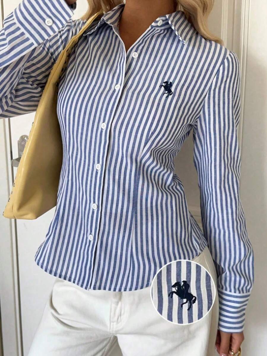 SHEIN Tween女孩休閒日常上學時尚修身領口襯衫女式上衣,藍白條紋馬刺繡,返校季,秋季 - 藍白色 - 查看 1
