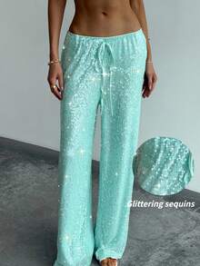 SHEIN Tall CURVE 大尺碼女款嘻哈街頭風亮片裝飾綁帶寬鬆長褲 - 綠色 - 查看 3
