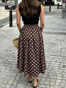 SHEIN PariChic Women's Summer Brown Polka Dot Ruched Elegant Casual Commuter Skirt - Brown - View 3
